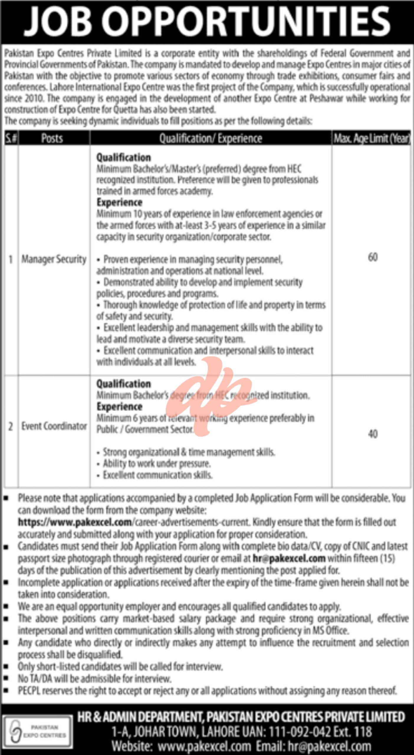 Latest Pakistan Expo Centres Pvt Ltd Lahore Jobs 2024
Job Opportunities at Pakistan Expo Centres Private Limited