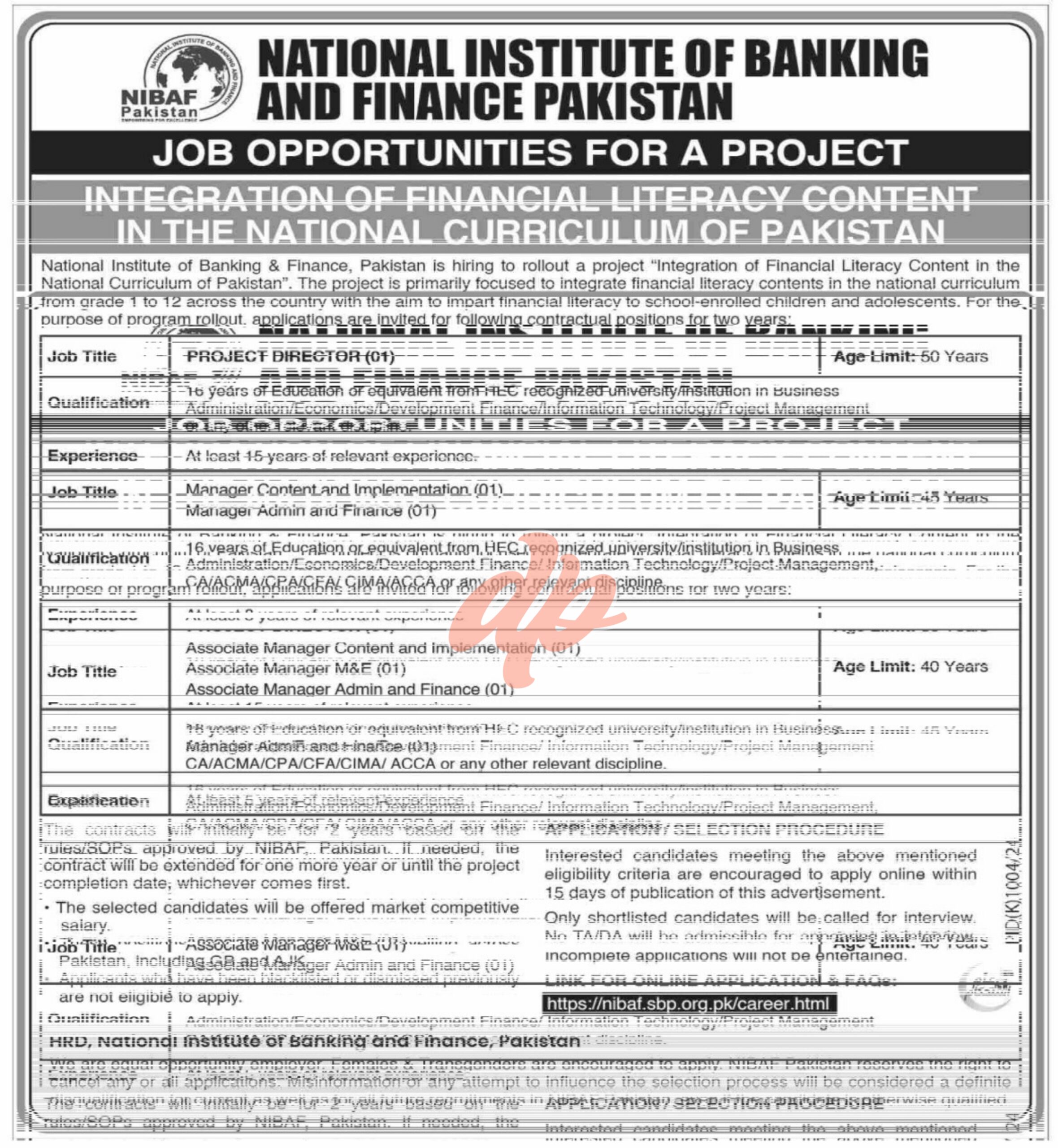 National Institute of Banking and Finance NIBAF Jobs 2024
National Institute of Banking and Finance Islamabad Job 2024