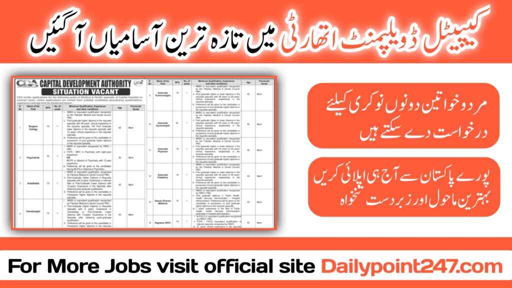 Capital Development Authority CDA Islamabad Jobs 2024 Posts Available At Capital Hospital Islamabad jobs 2024