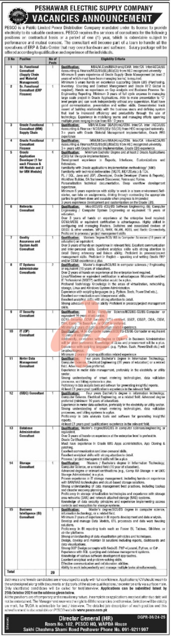 Peshawar Electric Supply Company PESCO Jobs 2024
Vacancies Announcement at Peshawar Electric Supply Company