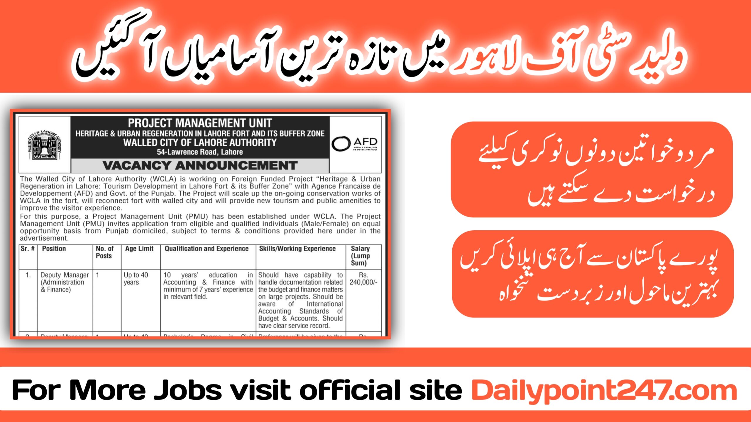 Walled City of Lahore Authority WCLA Jobs 2024