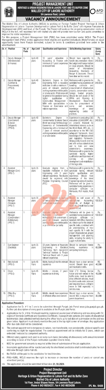 Walled City of Lahore Authority WCLA Jobs 2024