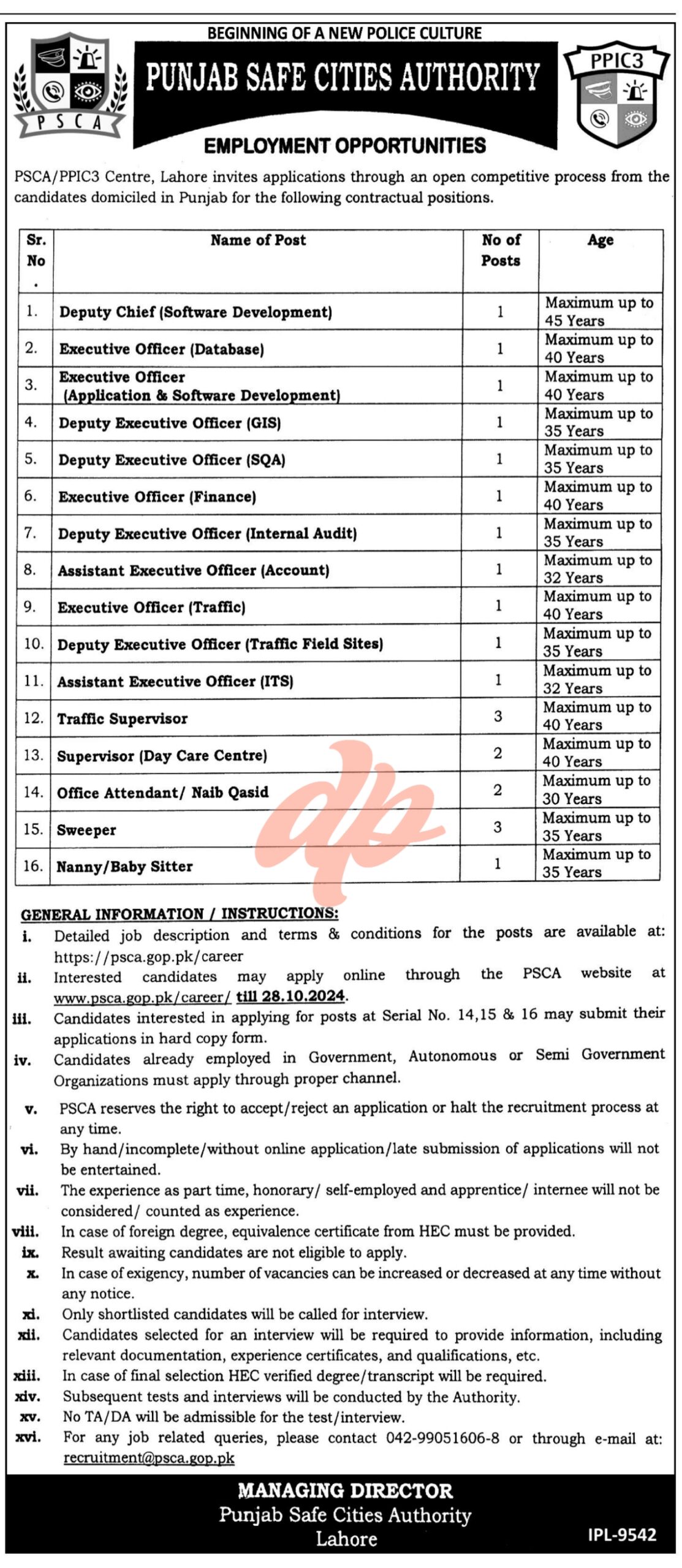 Punjab Safe Cities Authority PSCA Lahore Jobs 2024
Vacant Positions at Punjab Safe Cities Authority PSCA