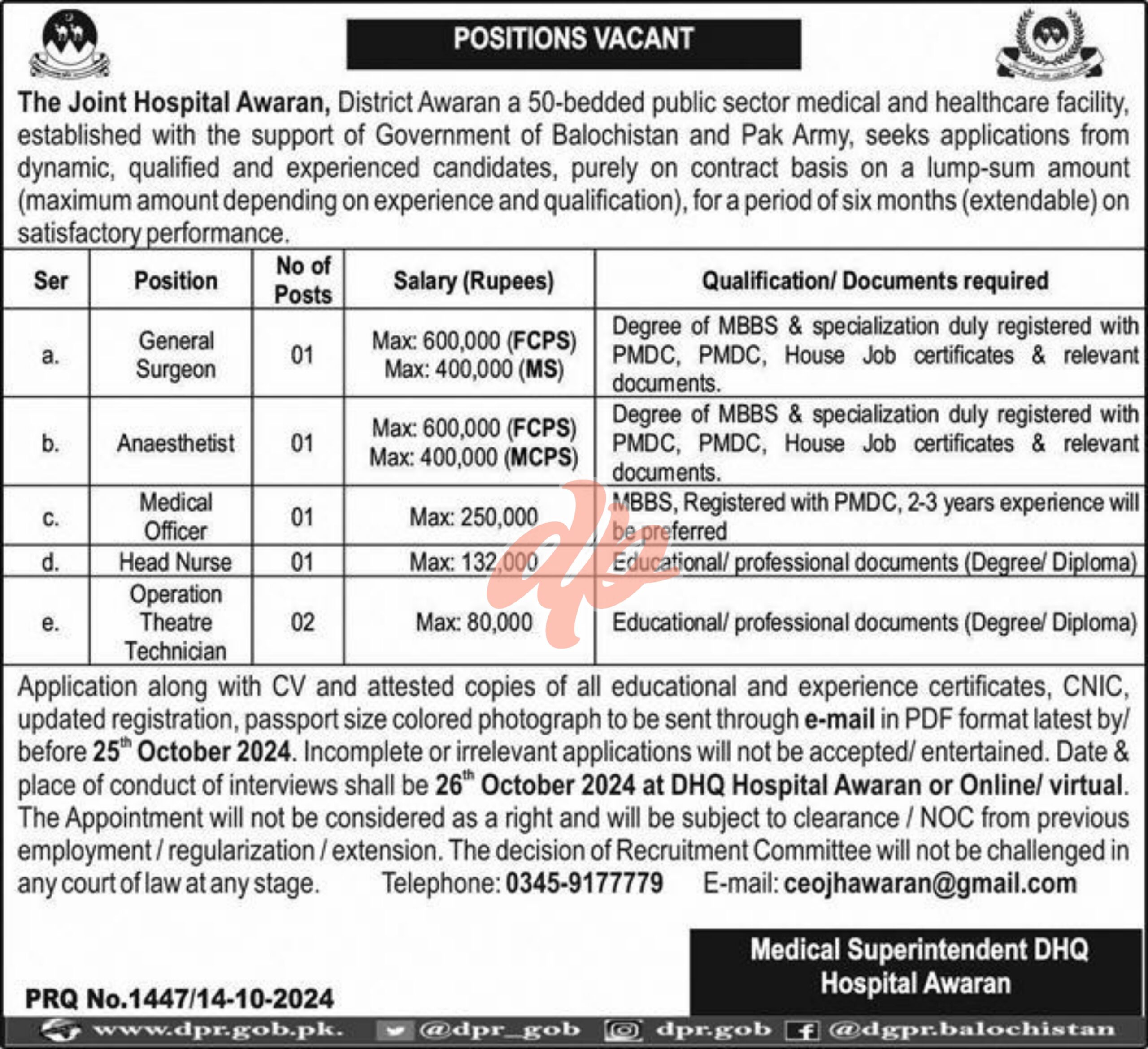 The Joint Hospital Awaran Jobs 2024 For General Surgeon
Joint Hospital Awaran announces Medical Staff Jobs 2024
