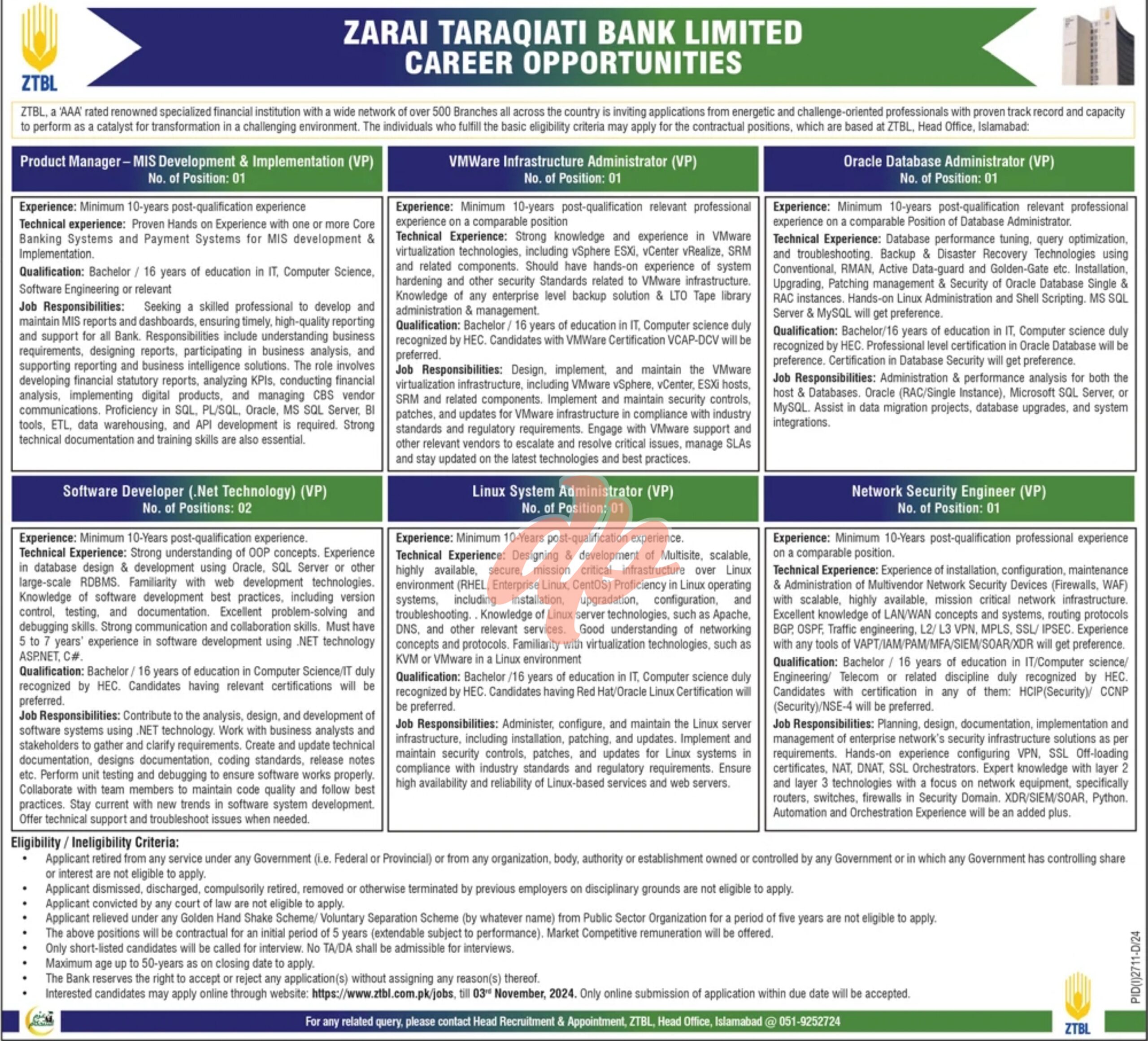 Latest Zarai Taraqiati Bank Limited ZTBL Islamabad Job 2024
Positions Vacant at Zarai Taraqiati Bank Limited ZTBL