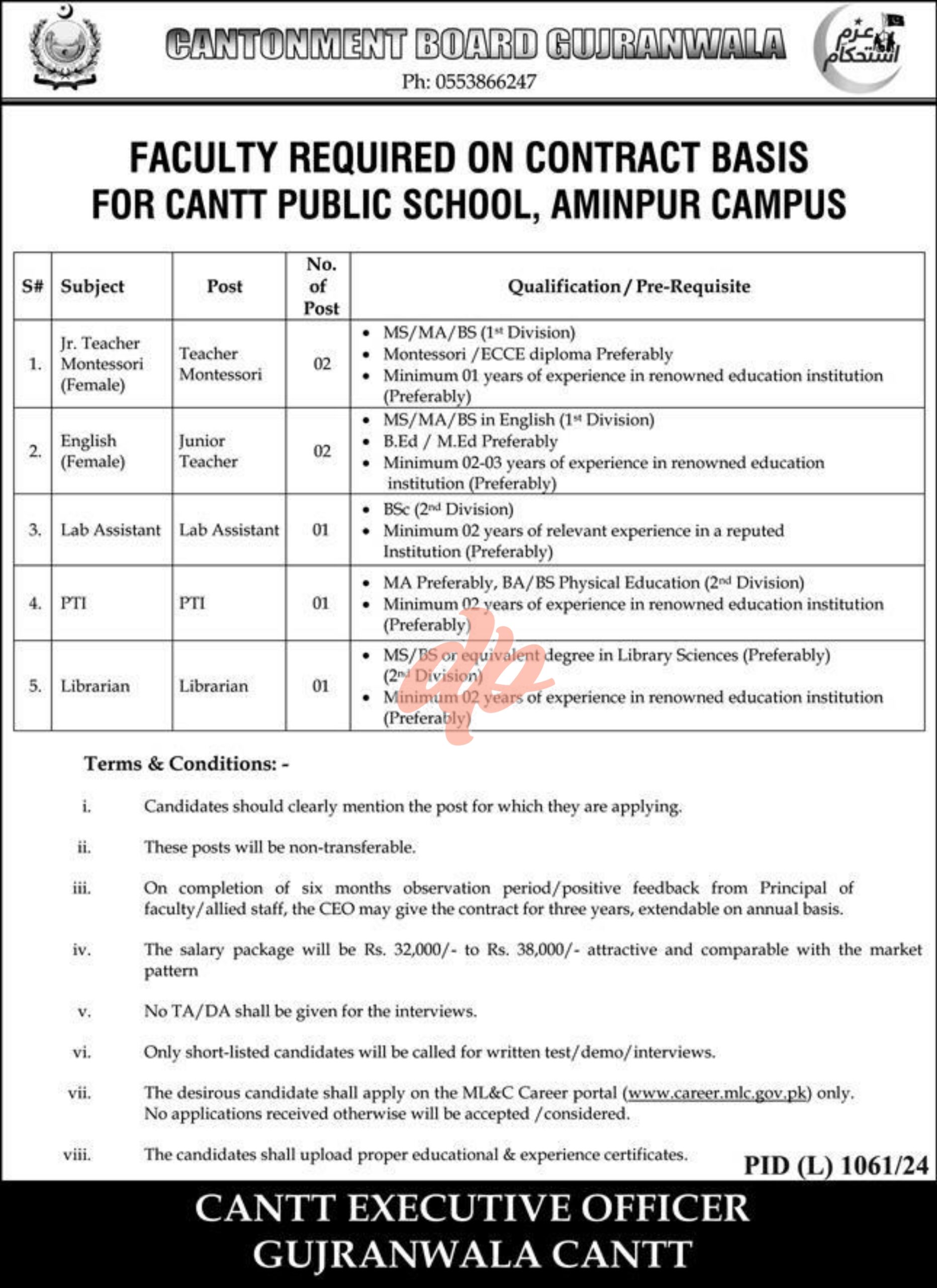 Cantonment Board Gujranwala Jobs 2024
Job Vacancies at Cantt Public School Gujranwala