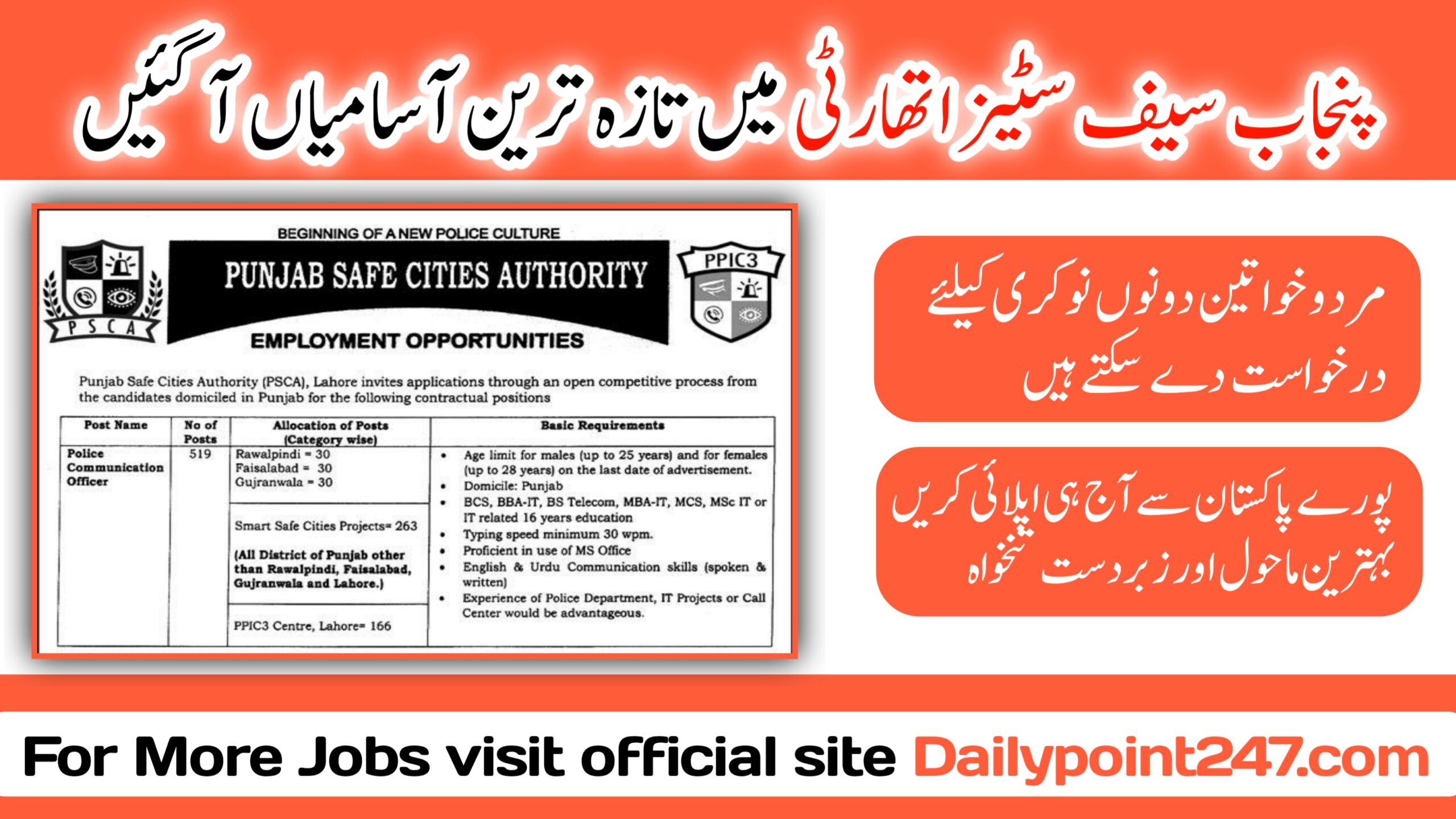 Punjab Safe Cities Authority PSCA Jobs 2024 Online Apply Punjab Safe Cities Authority PSCA Lahore Jobs 2024