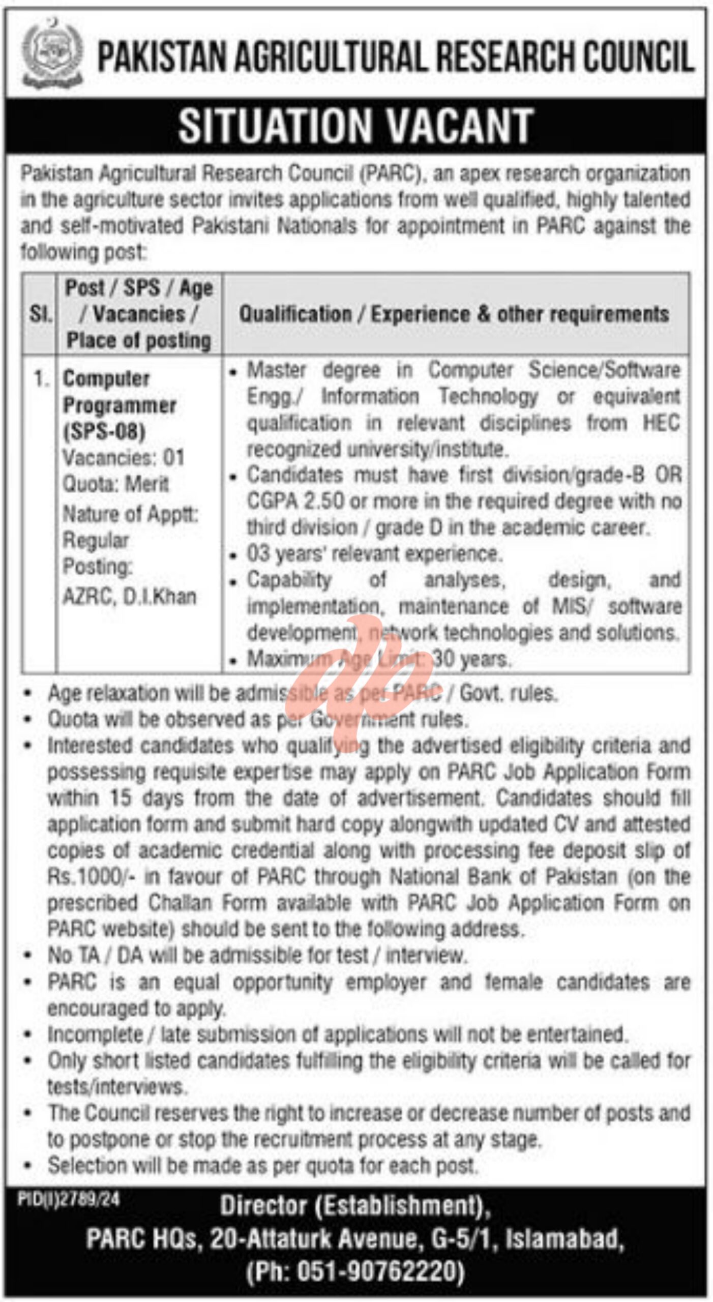 Pakistan Agricultural Research Council PARC Jobs 2024
Pakistan Agricultural research council jobs 2024 apply online