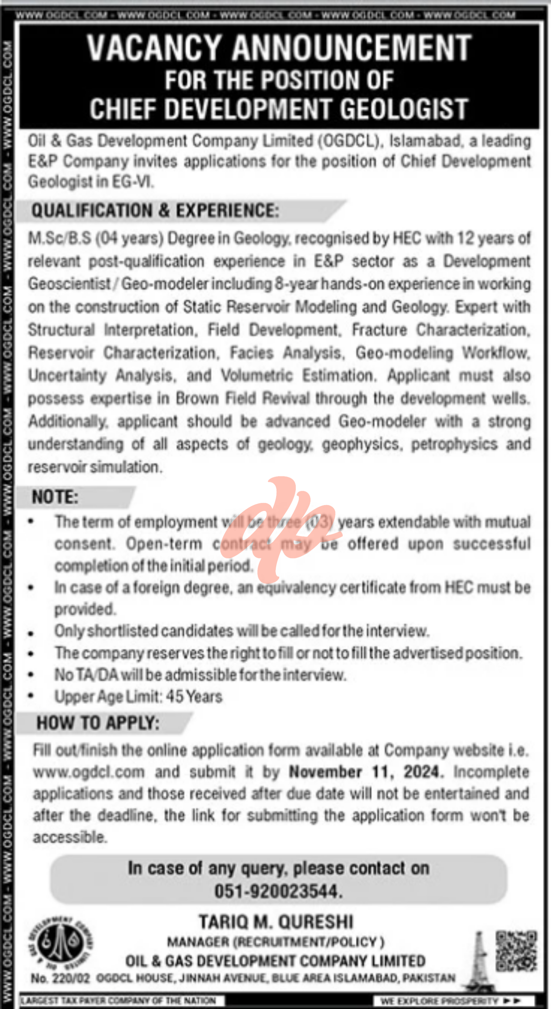 Oil and Gas Development Company OGDCL Jobs 2024
OGDCL Jobs 2024 for Deputy Chief Reservoir Engineer