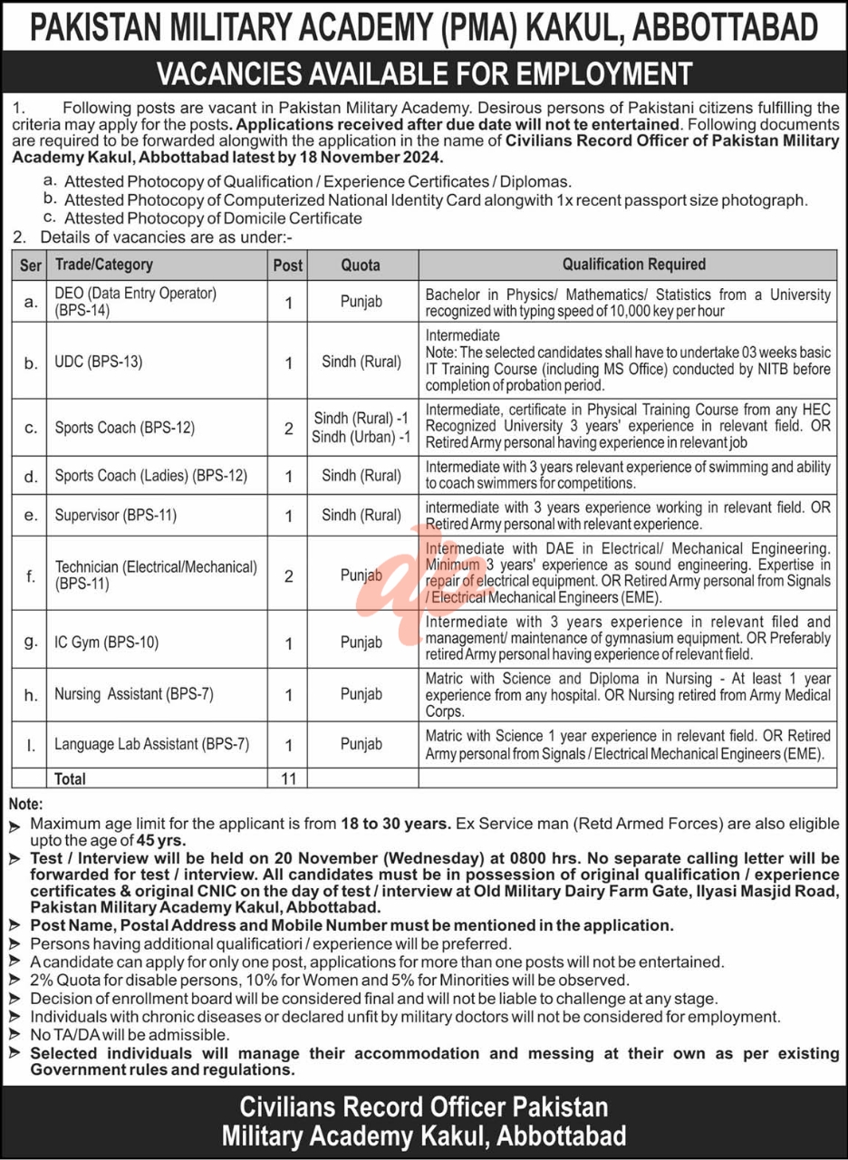 Job Vacancies at Pakistan Military Academy PMA Kakul
Pakistan Military Academy Jobs in PMA Kakul 2024