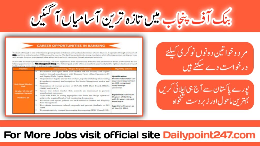 Latest Jobs in Bank of Punjab BOP 2024 Apply Online Latest Bank of Punjab Jobs 2024