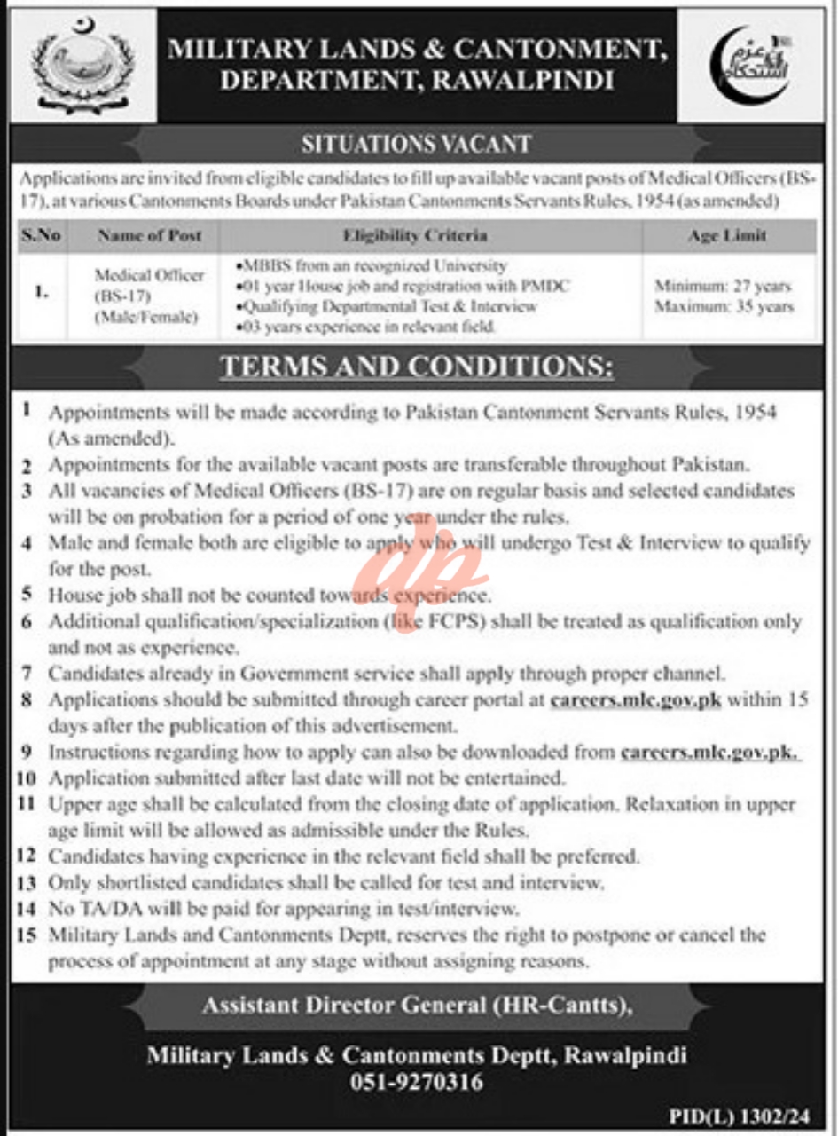 Military Lands and Cantonment Department Rawalpindi Job 2024
Latest Jobs Military Lands and Cantonment Department 2024