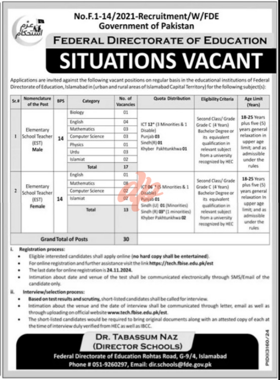 Latest Federal Directorate Of Education FDE Islamabad Jobs
Federal Directorate of Education FDE Islamabad Jobs 2024