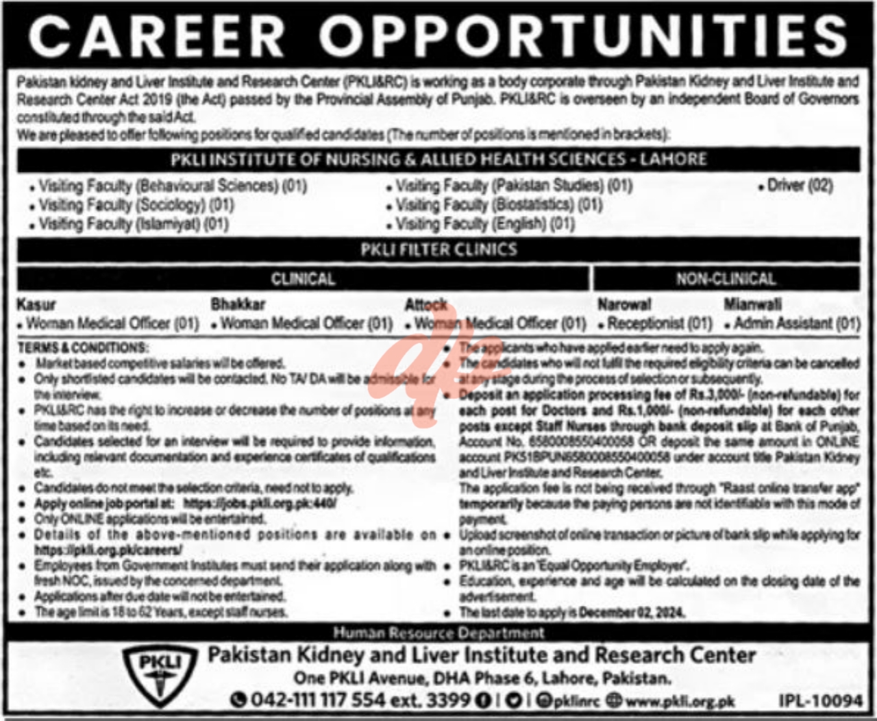 Pakistan Kidney and Liver Institute PKLI Jobs 2024