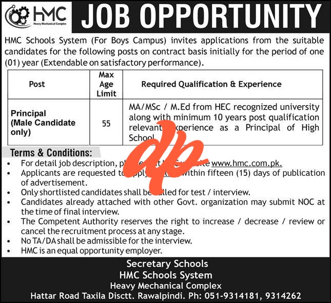 Principal Jobs at HMC Schools System in Rawalpindi