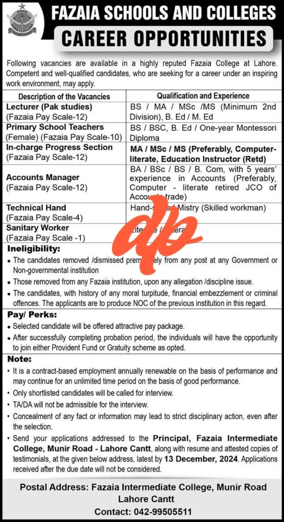 Fazaia Schools and Colleges Lahore Jobs Advertisement 2024