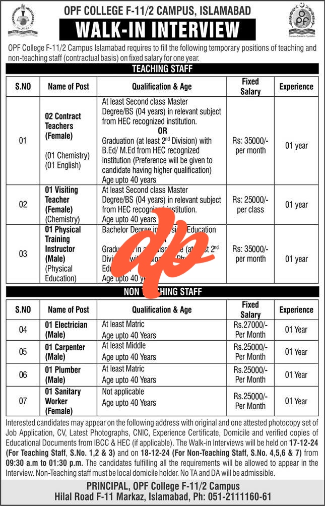 Teaching and Non-Teaching Staff Jobs at OPF College Islamabad