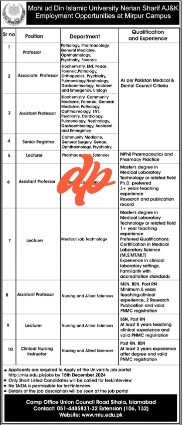 Latest Mohi ud Din Islamic University Jobs 2024