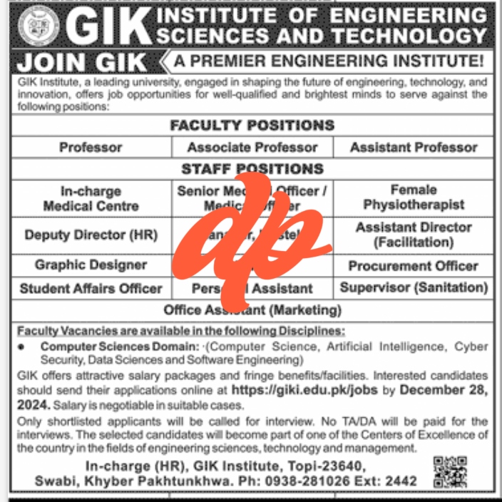 Latest Faculty and Staff Jobs at GIK Institute 2024